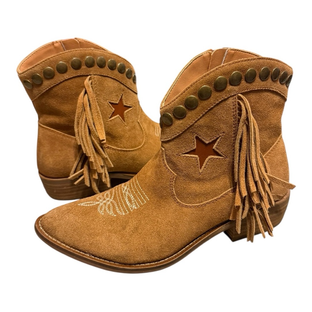 Dingo Whiskey Fringe Star Western Ankle Boots Suede Leather 9M Cowgirl Boho - Picture 2 of 11